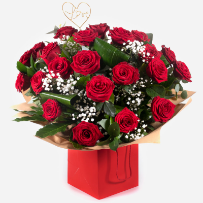 Ace of Hearts 
 - Two dozen gorgeous red roses with a peppering of gyp and green. The definitive star of the show when it comes to flowers for loved ones.
